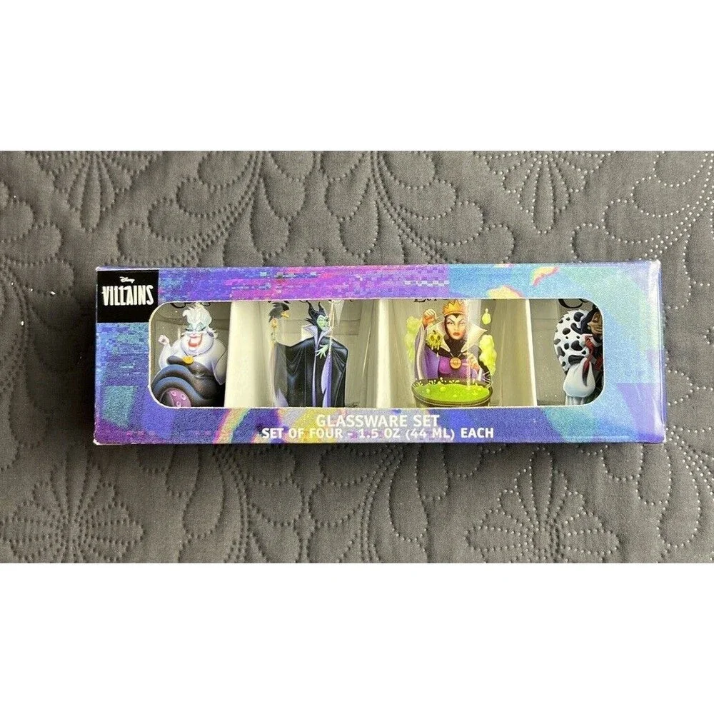 Disney Female Villains 4 Shot Glasses 1.5oz  Glassware Boxed Set Halloween NIB